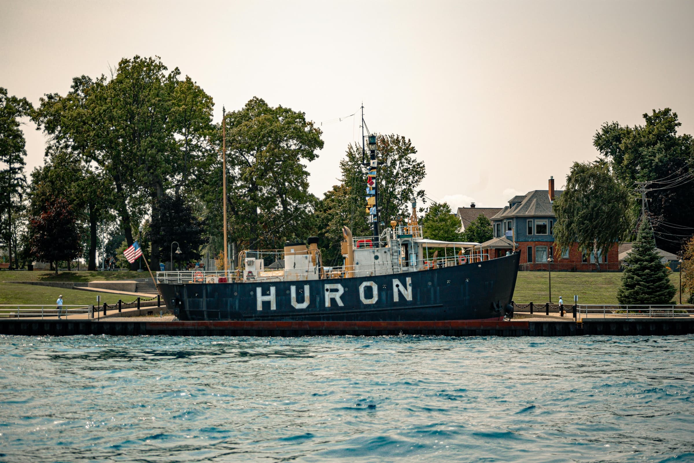 The historic lightship Huron docked on the riverfront